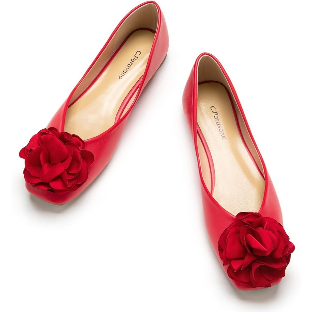 Women's Dark Red Square Slip On Satin Rubber Sole Flower Flats Ballet Shoes